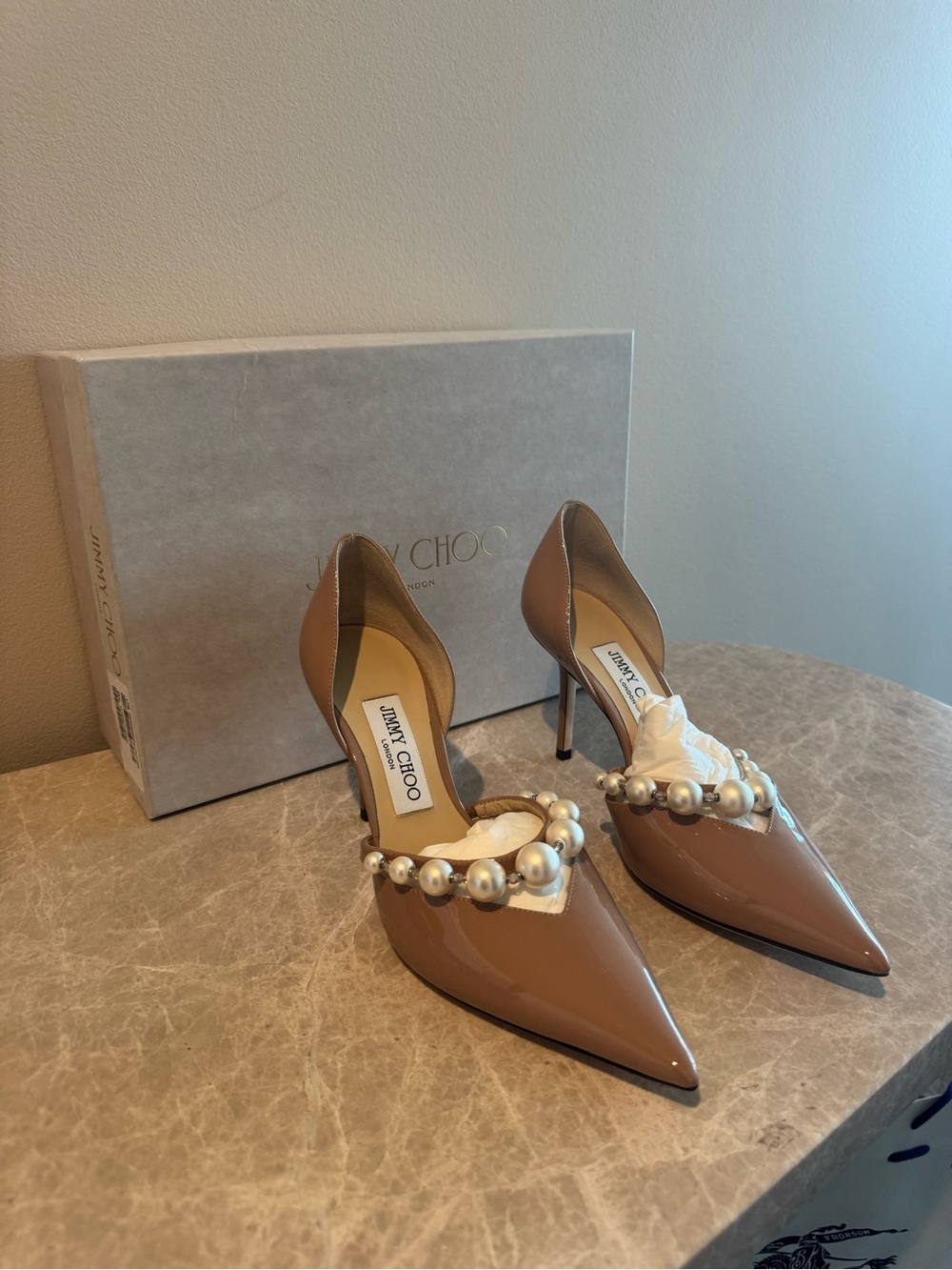 Jimmy Choo Aurelie 85 - Nude Patent Leather Pointed-Toe Pump with Pearl Strap - Picture 3 of 7
